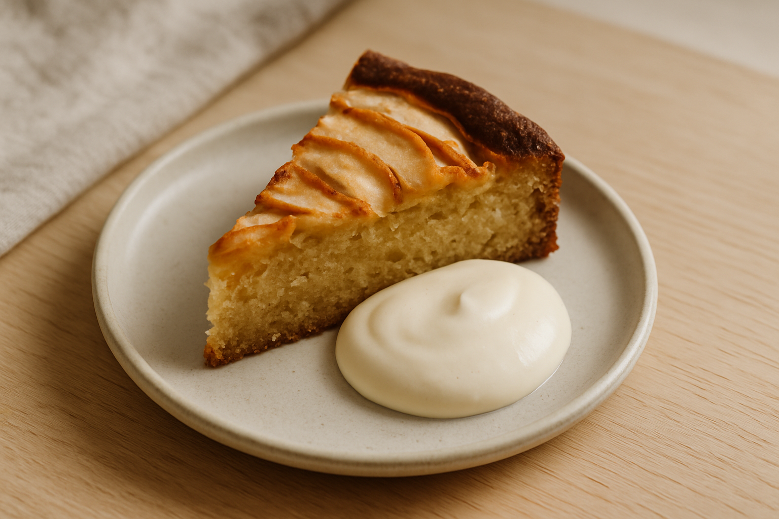 Slice of apple brown butter cake with toasted edges and a spoonful of cream