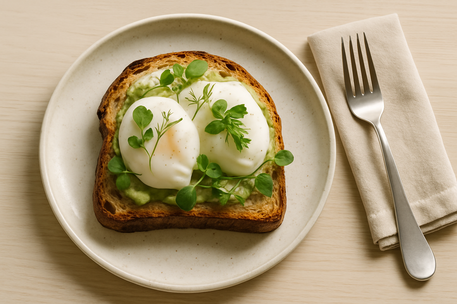 Sourdough toast with soft eggs and fresh herbs on a ceramic plate