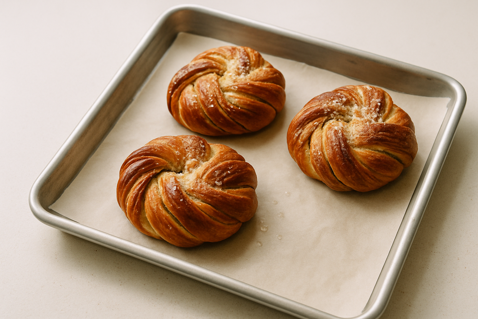 Golden braided cardamom buns on a brushed metal tray