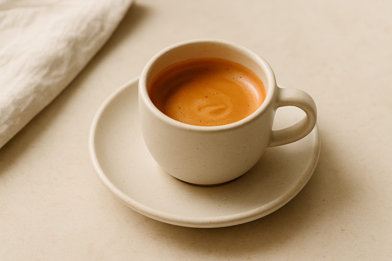 Espresso in a small ivory ceramic cup on a pale stone counter