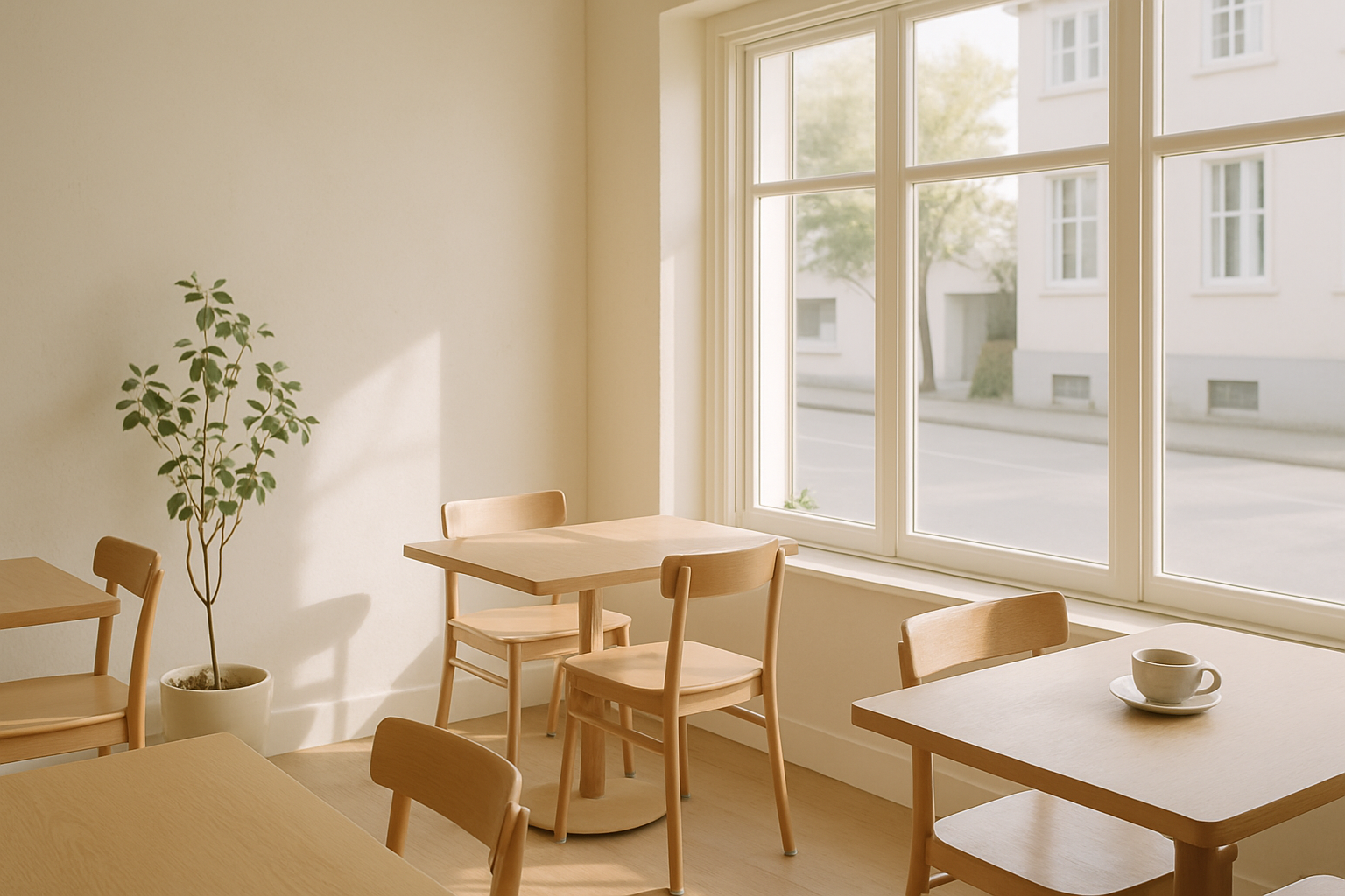 Sunlit cafe interior with pale oak furniture and large windows
