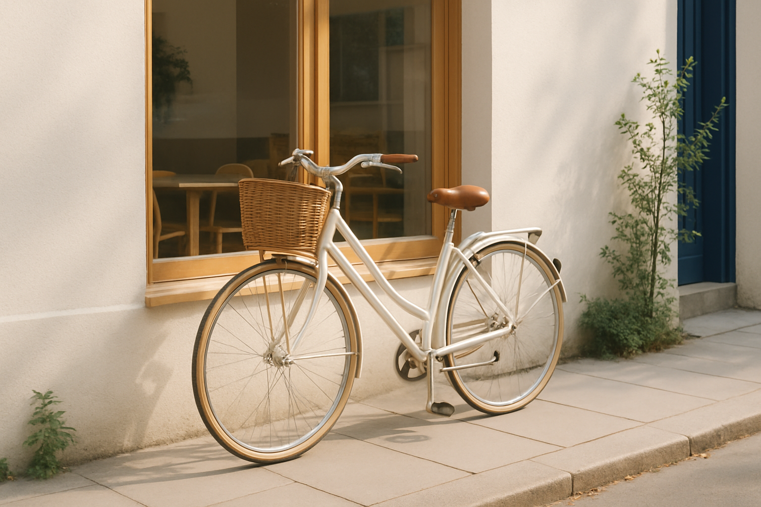 A cream city bicycle parked beside a neighborhood cafe window