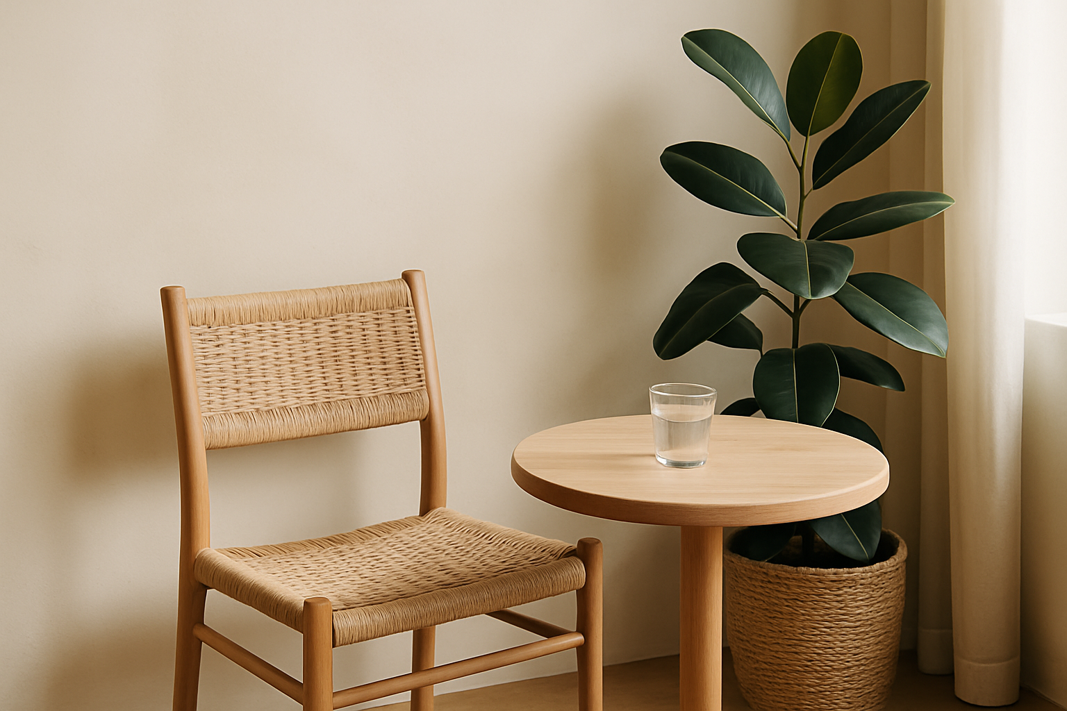 A quiet cafe corner with a woven chair and leafy plant