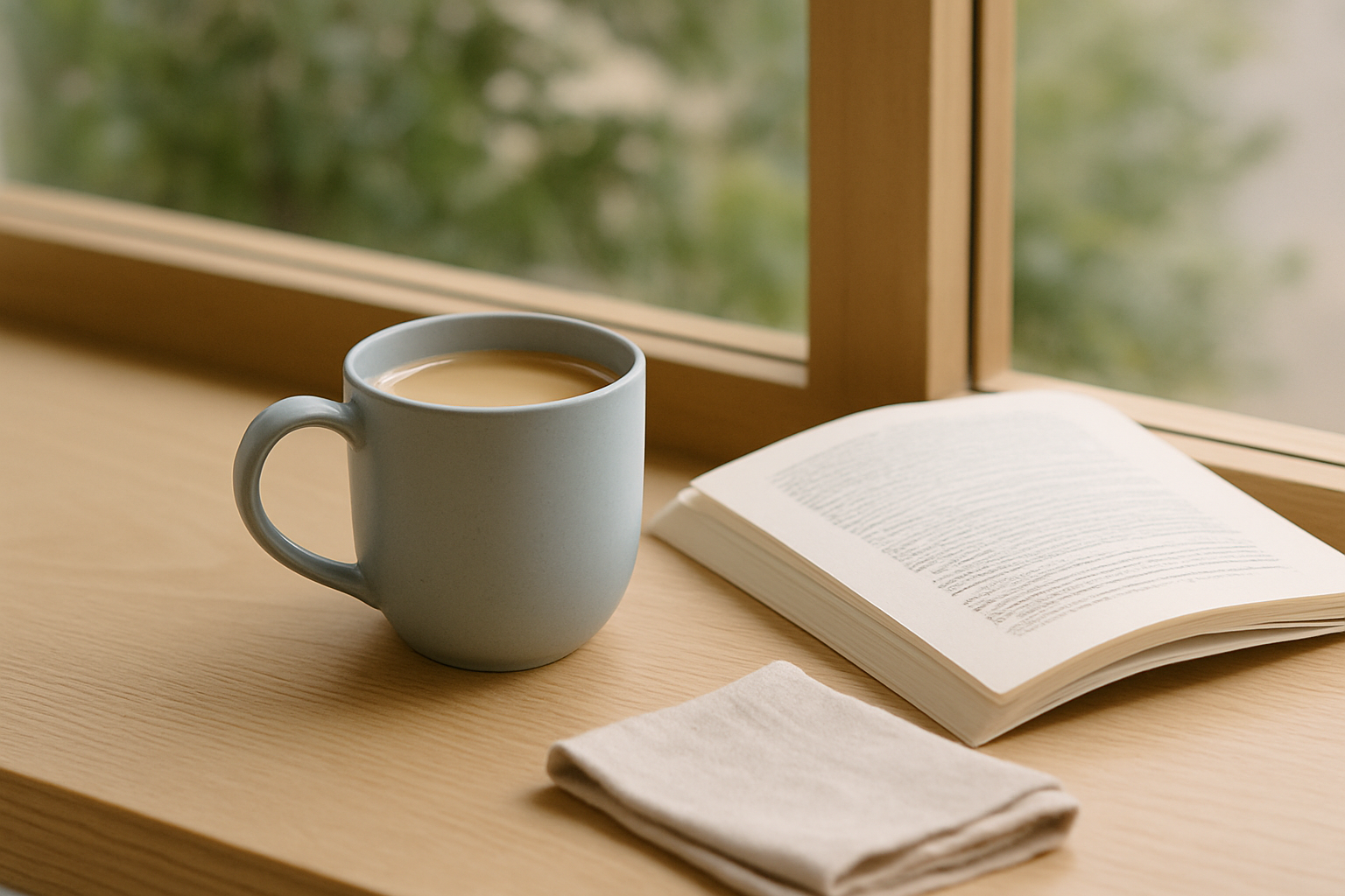 Coffee and an open book at a sunny window table