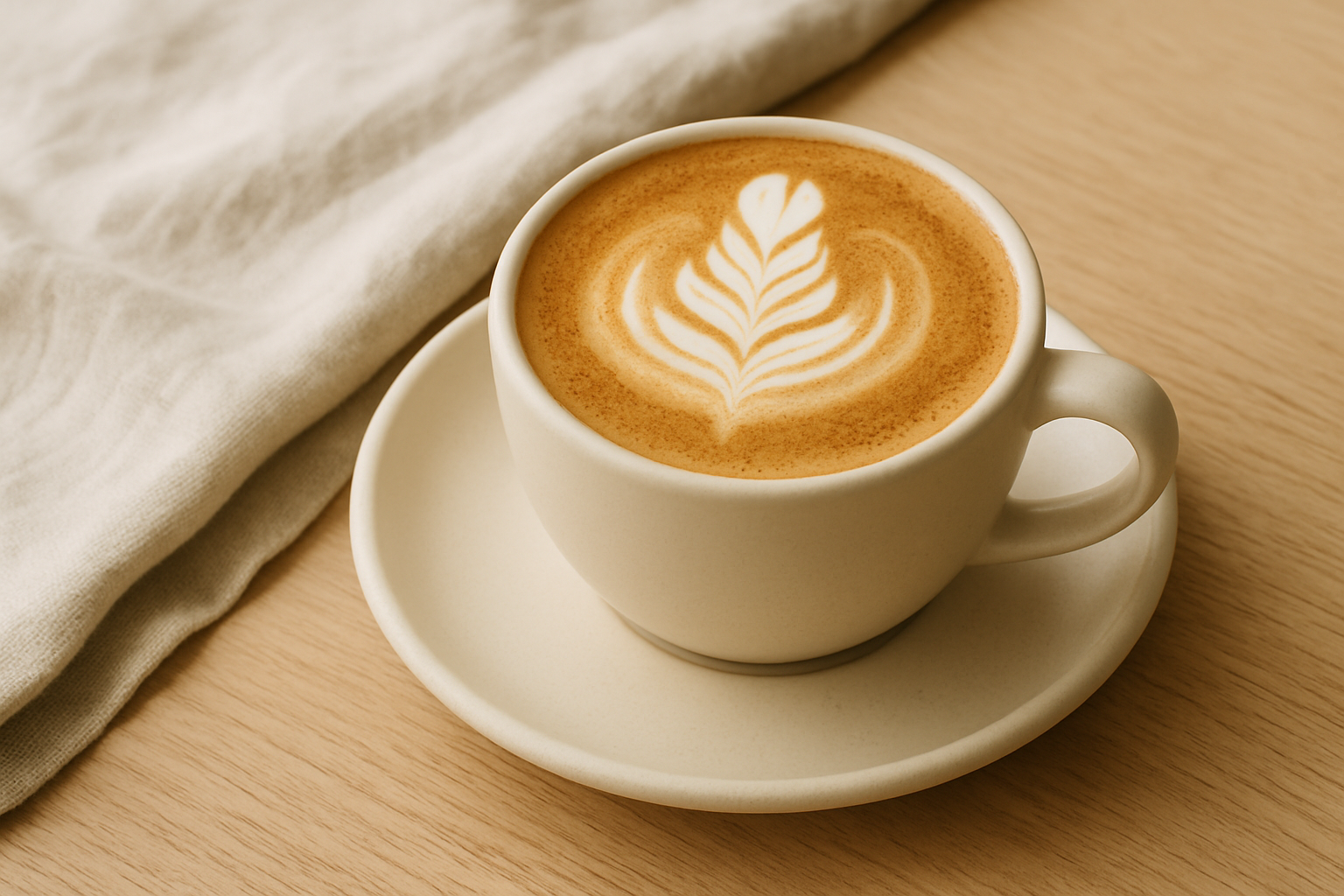 Maple oat flat white in a cream ceramic cup, with delicate latte art