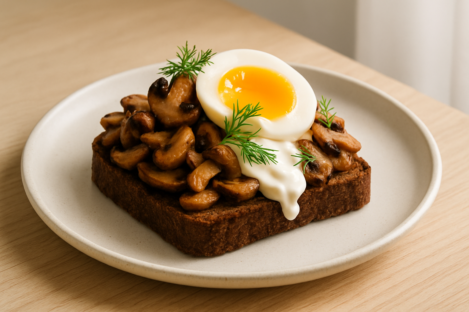 Open rye toast with golden mushrooms, soft egg, and fresh dill on a stoneware plate