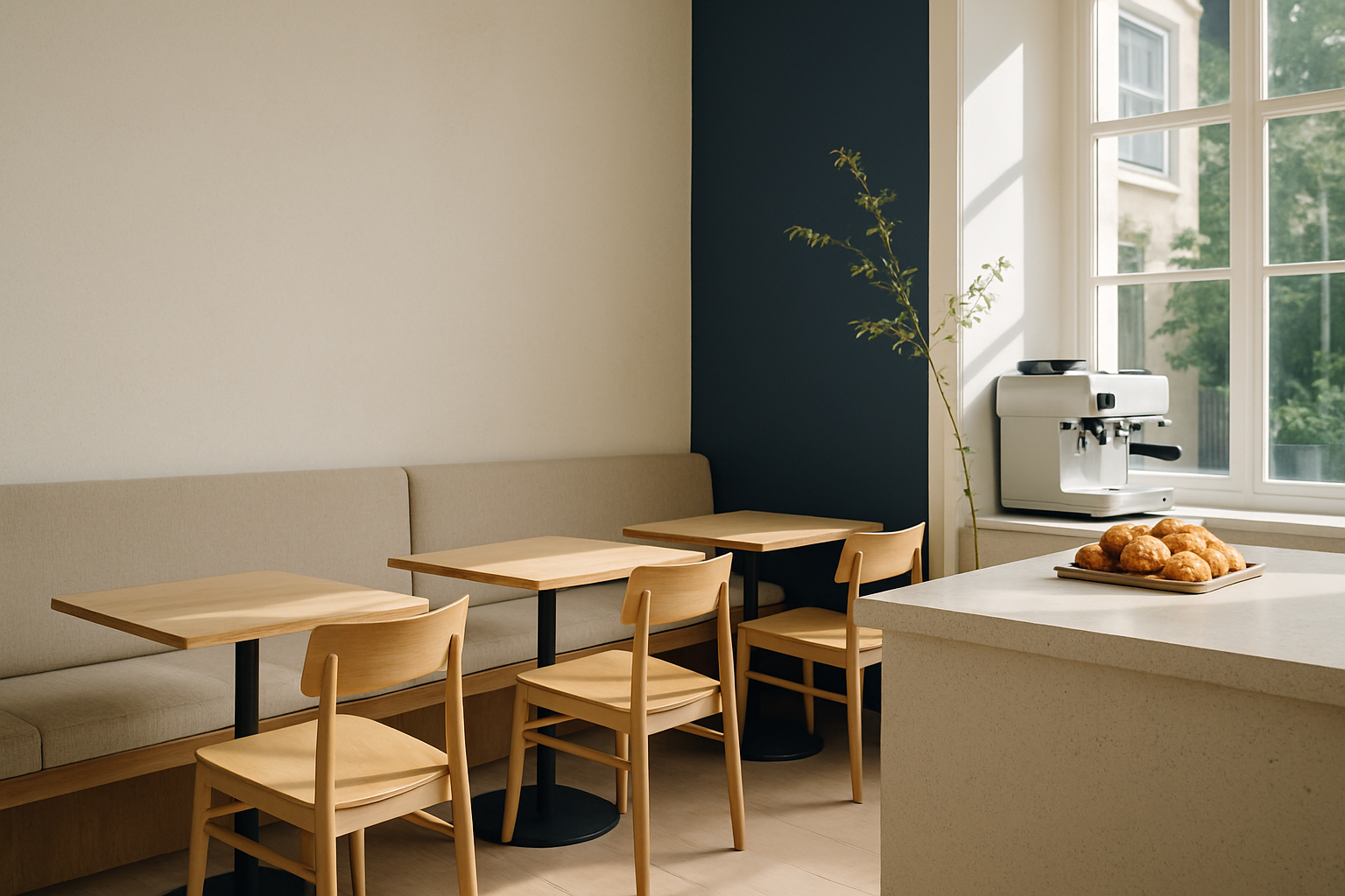 Bright Nordic cafe interior with pale oak furniture, linen seating, fresh pastries, and sunlight through tall windows