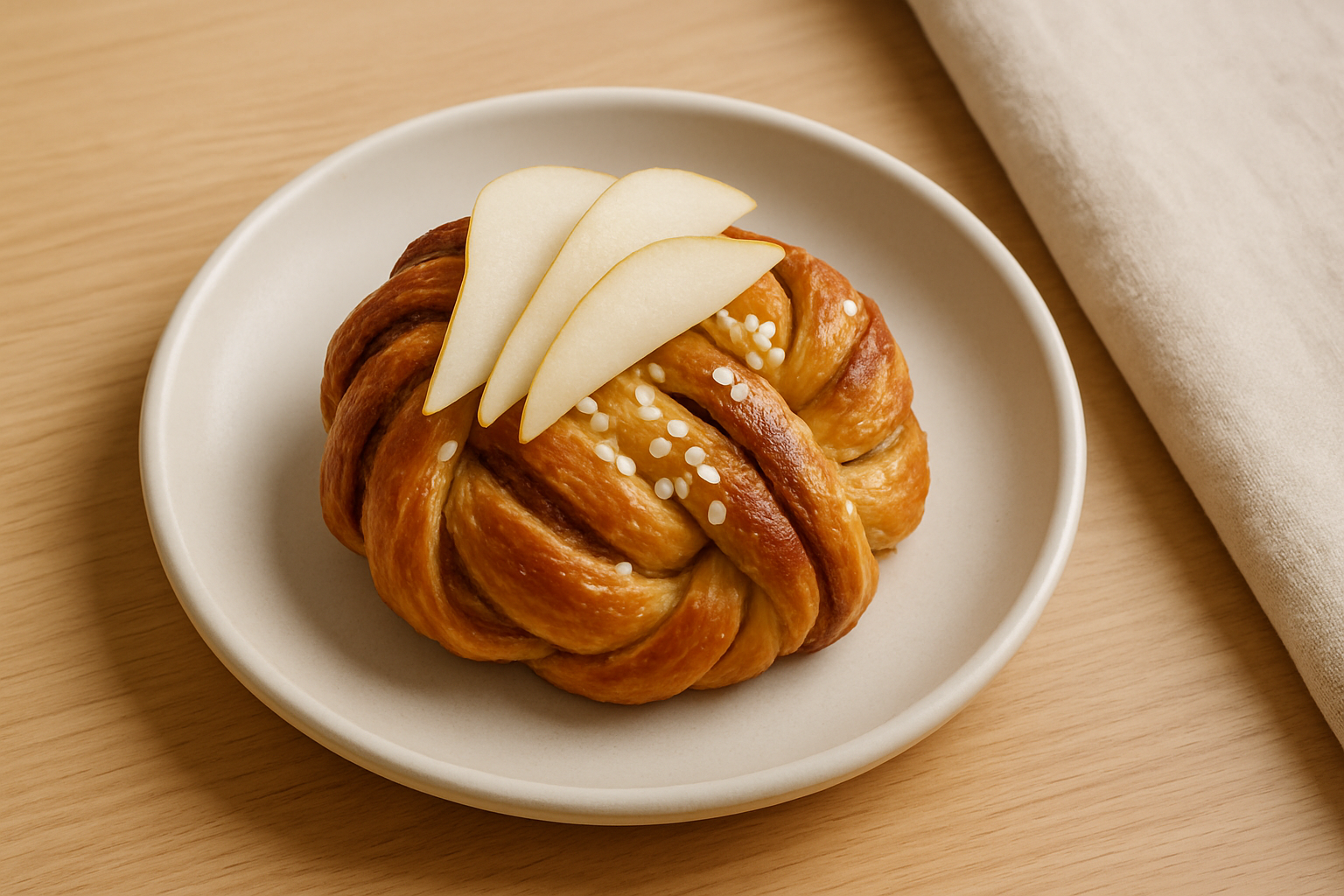 Golden twisted cardamom bun topped with sliced pear and pearl sugar