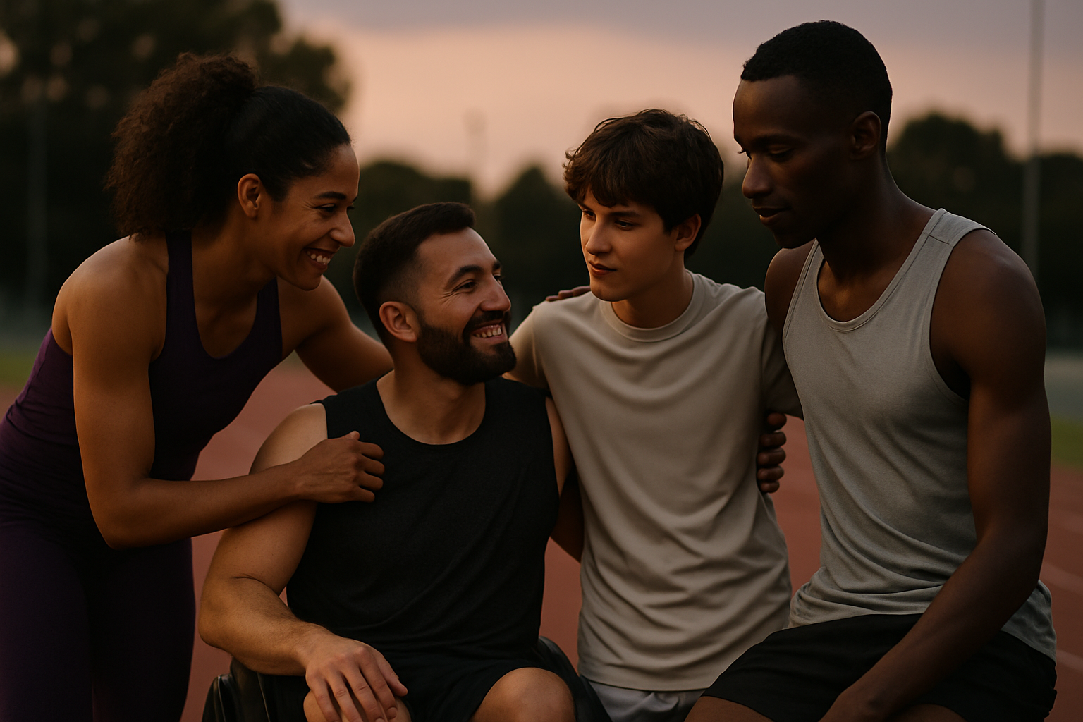 Inclusive group of athletes from different sports preparing together during evening training in a premium editorial sports setting