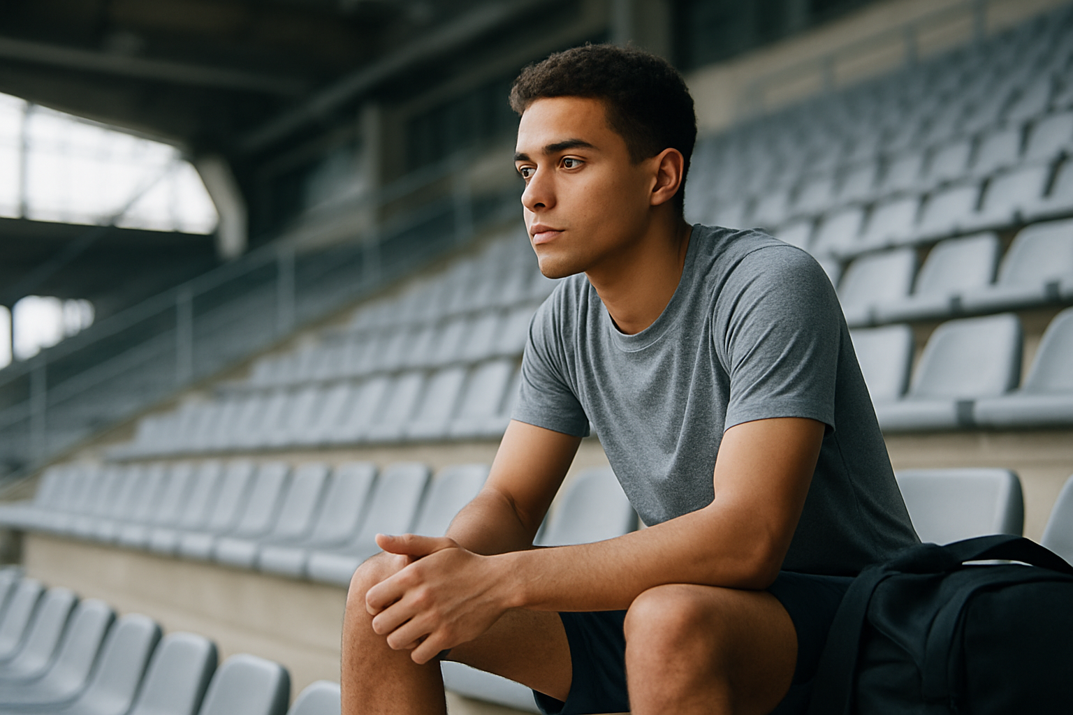 Thoughtful athlete sitting on indoor bleachers after training, taking a quiet pause in a modern sports arena