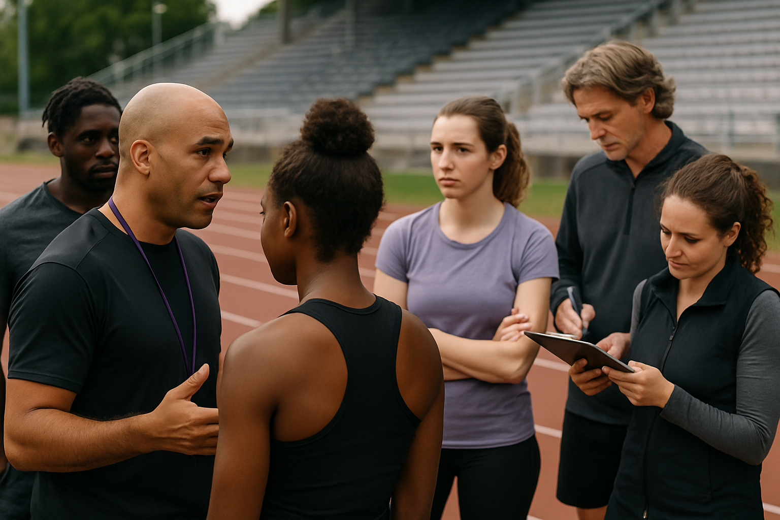 Coaches and team staff speaking with athletes during a professional training session on an outdoor track