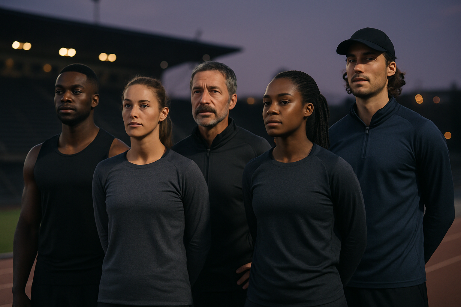 International group of athletes and coaches on a stadium track at dusk, sharing a reflective moment after training
