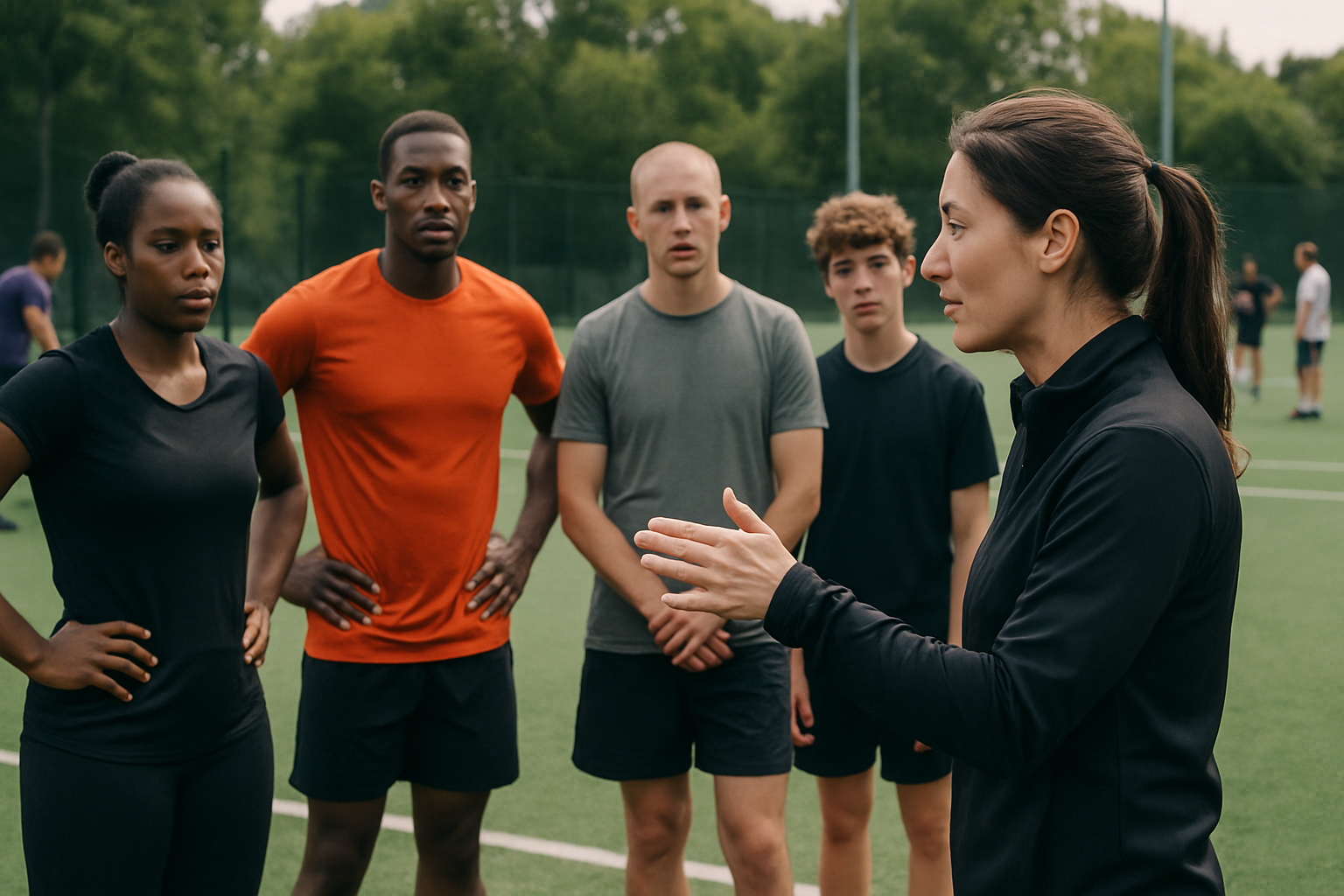 Diverse sporting community on a training field with a female coach speaking to athletes of different ages and backgrounds while others train in the distance