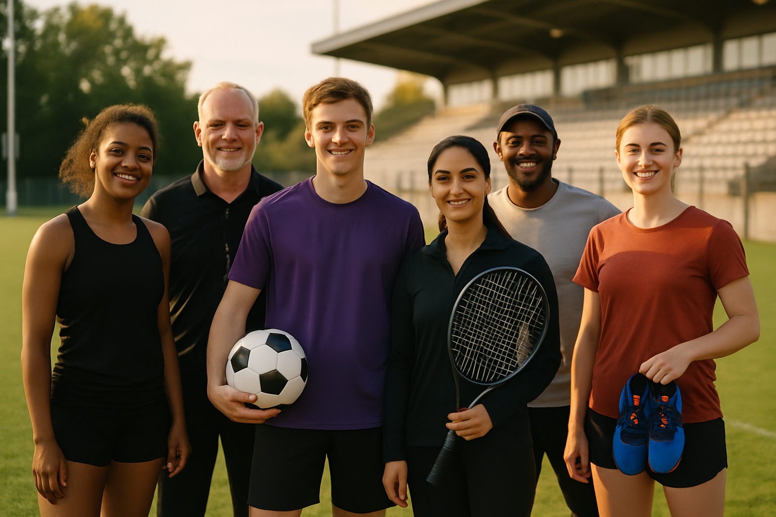 Diverse athletes and coaches from different sports standing together on an outdoor training field in warm evening light