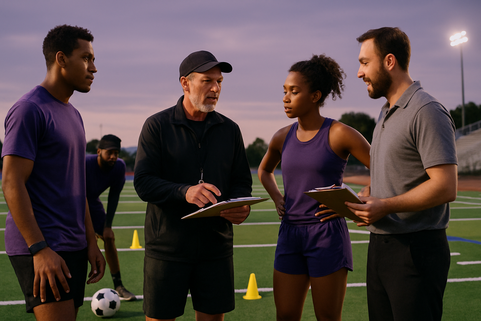 International mixed-sport training environment with athletes, coaches and team staff from diverse backgrounds standing together on a professional field at dusk