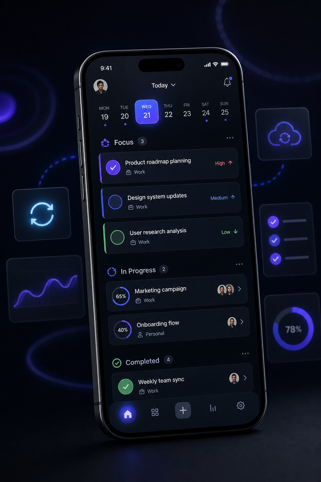 Mobile productivity app interface scene showing synchronized tasks, priority lanes, and workflow progress cards