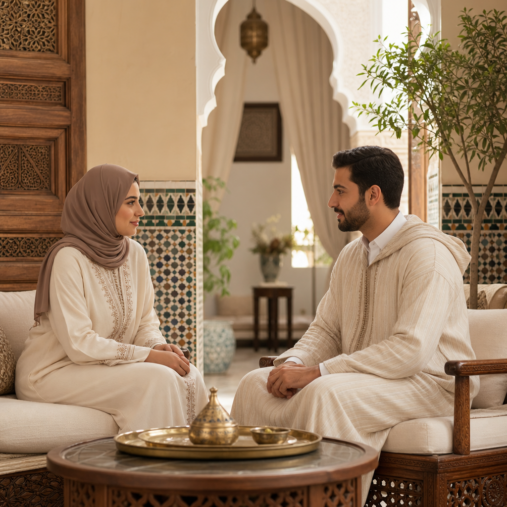 مشهد إنساني راقٍ لزوجين عربيين في بيئة منزلية هادئة مع حضور رمزي لولي أمر من الخلفية، يعكس الخصوصية والثقة والتعارف المحترم للزواج الجاد