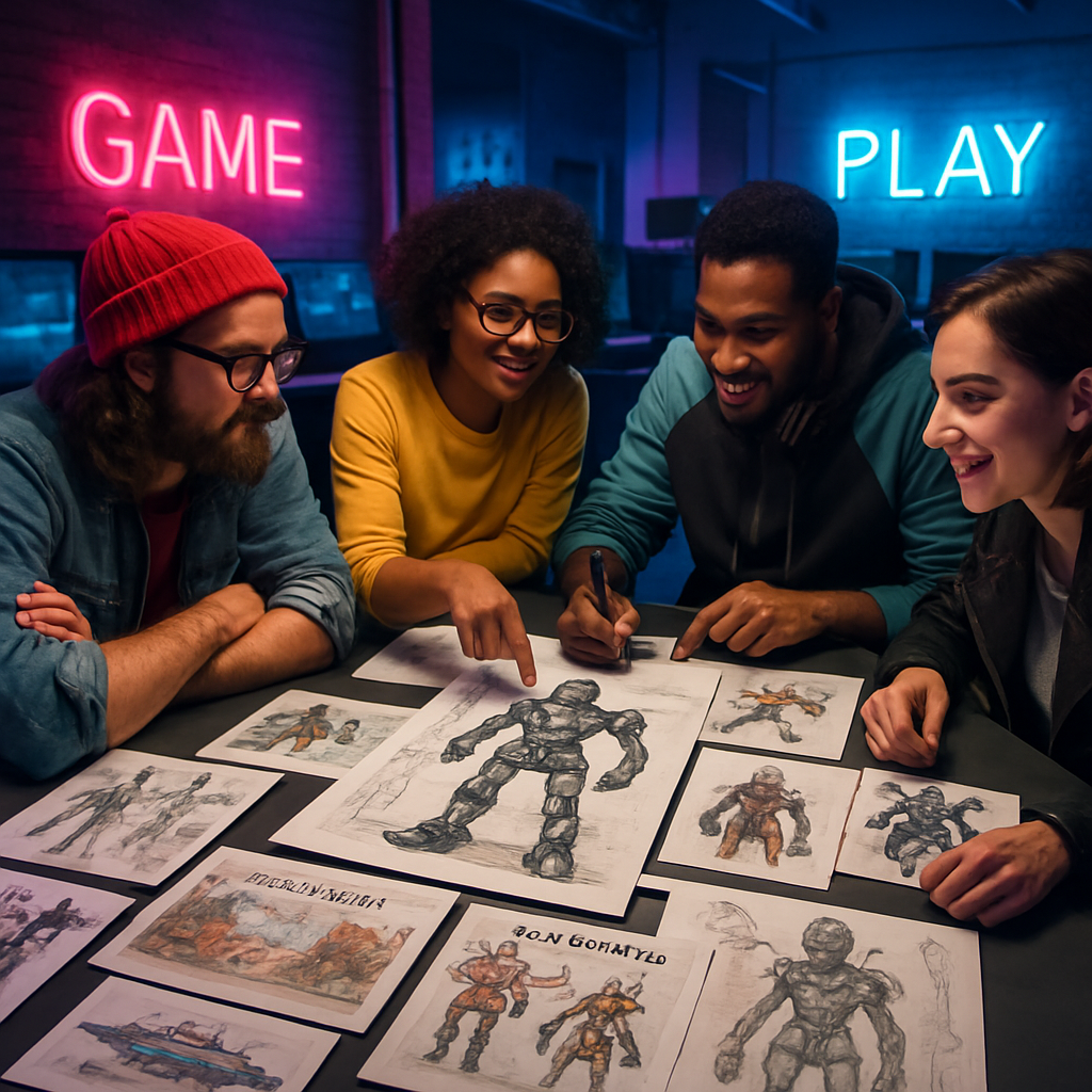 Creative brainstorming session with sketches and game art