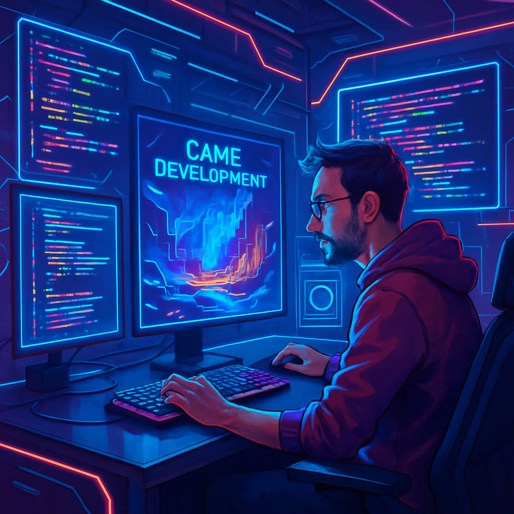 Game developer coding with futuristic holographic screens
