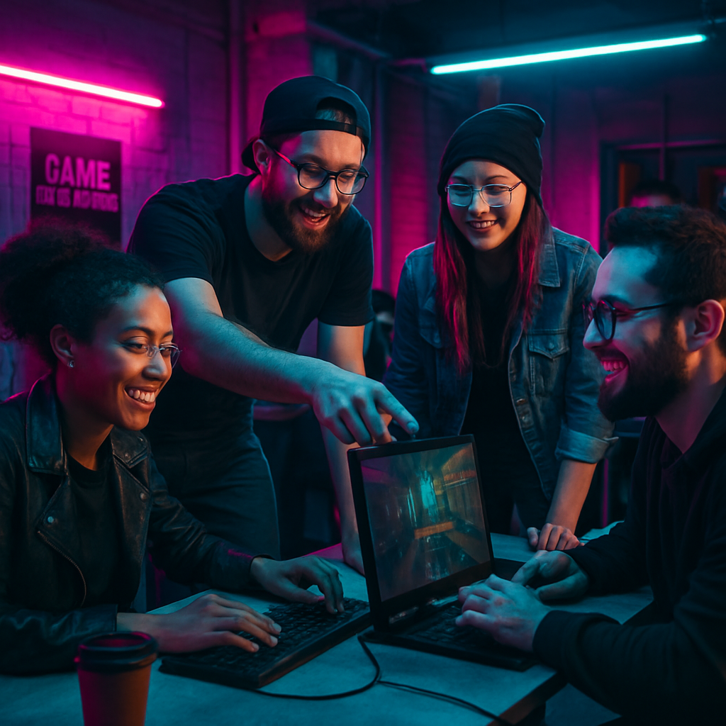 Studio team collaborating at neon-lit workspace