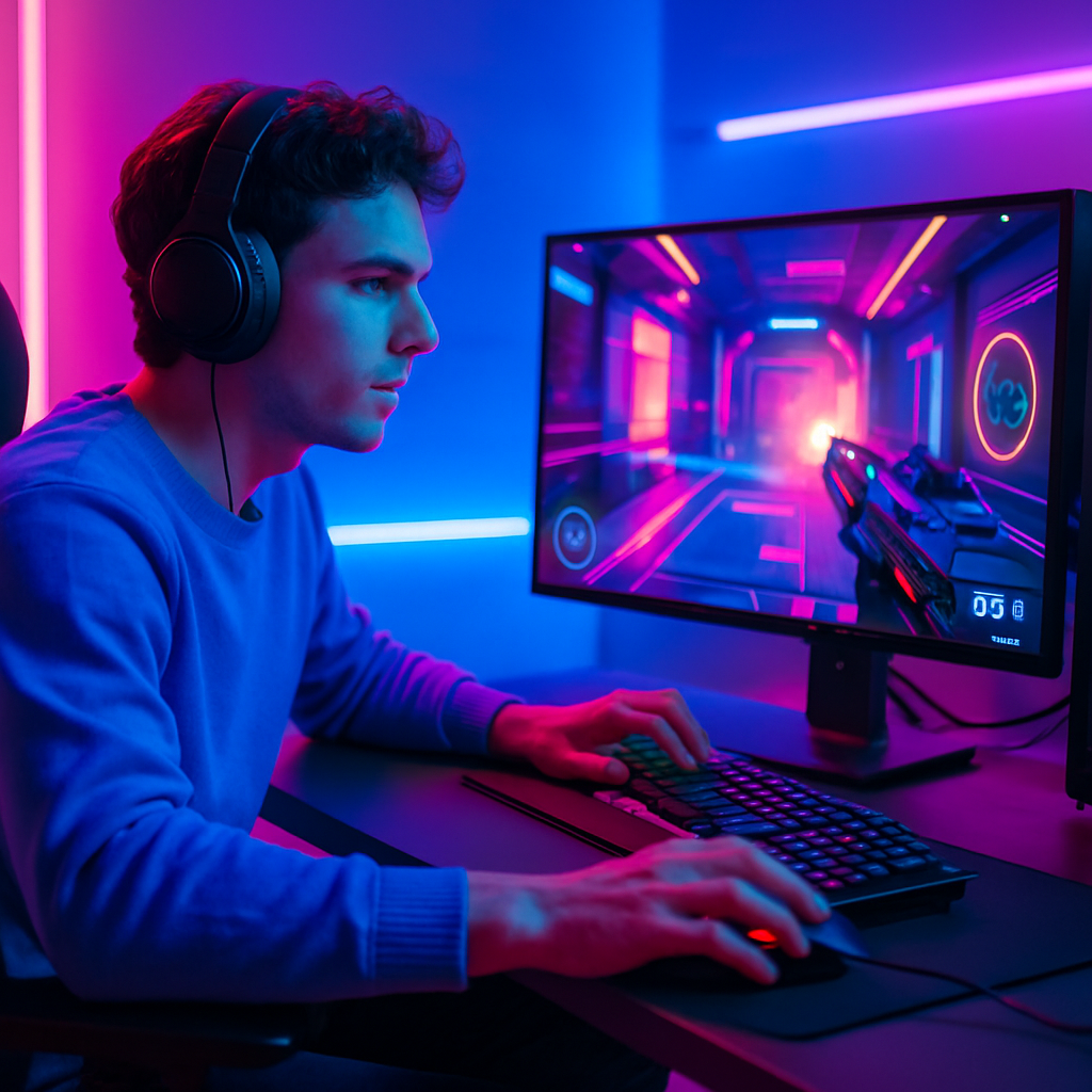 Playtesting new game on high-end PC with neon lighting