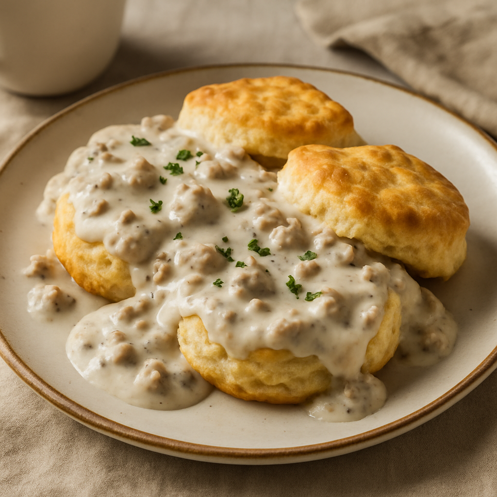 Homemade biscuits with sausage gravy