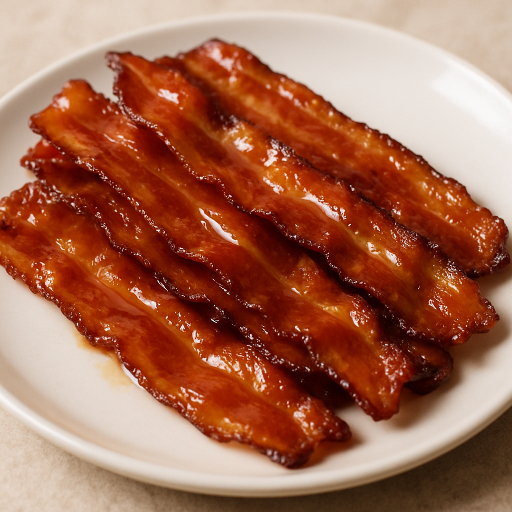 Crispy maple-infused bacon on a white plate