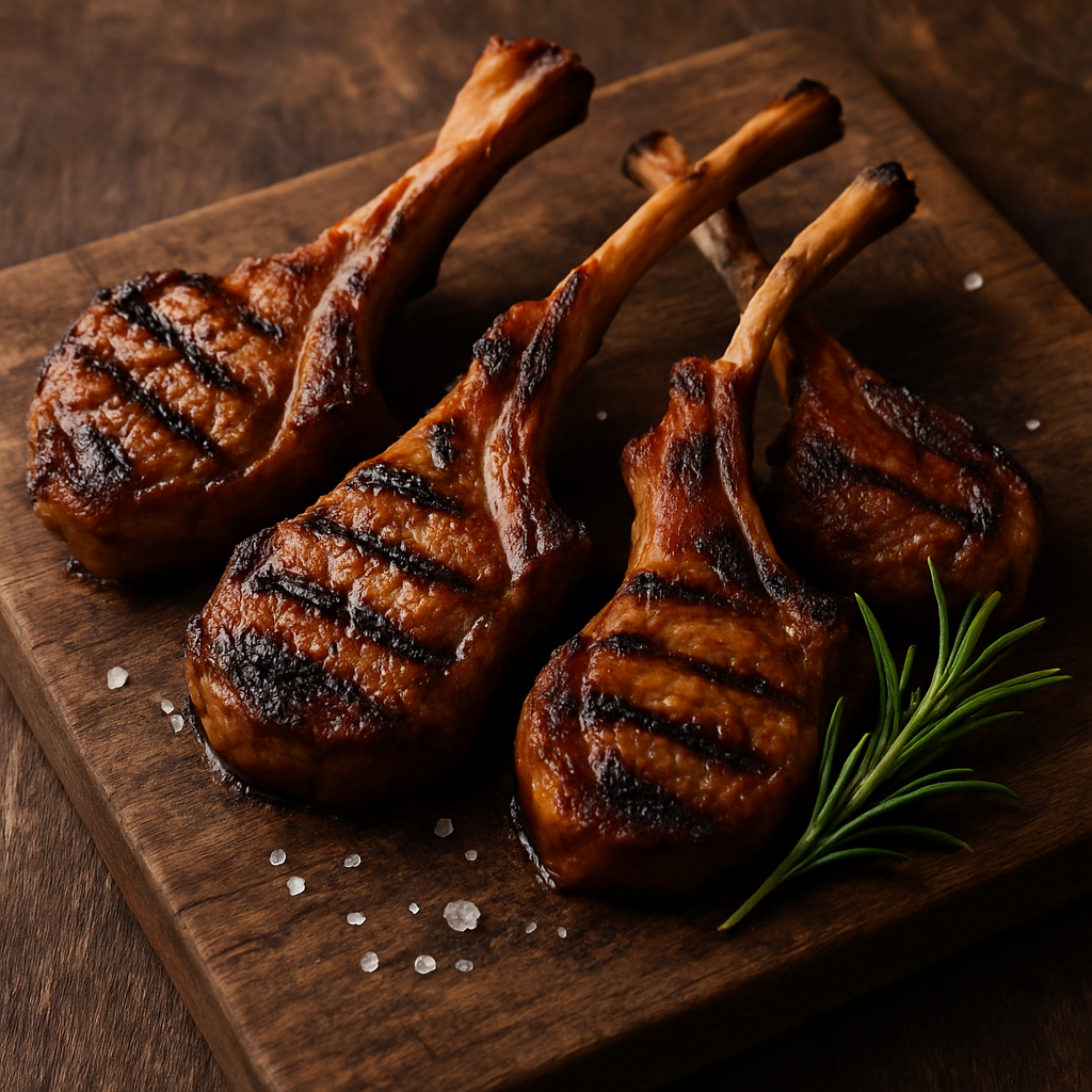 Chargrilled lamb chops with rosemary on a serving board