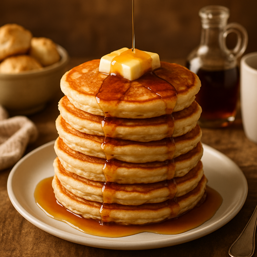 Stack of fluffy buttermilk pancakes with butter and syrup