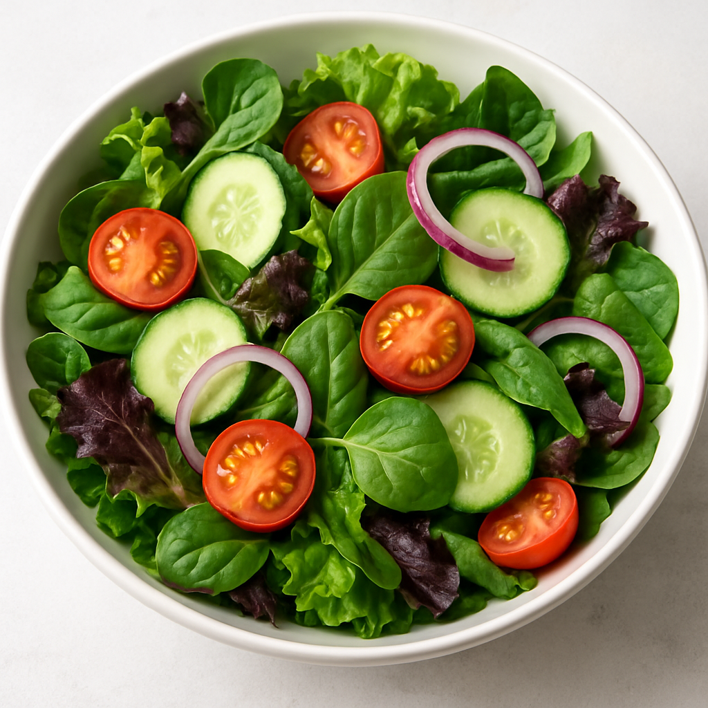 Fresh mixed green salad with tomatoes and cucumbers