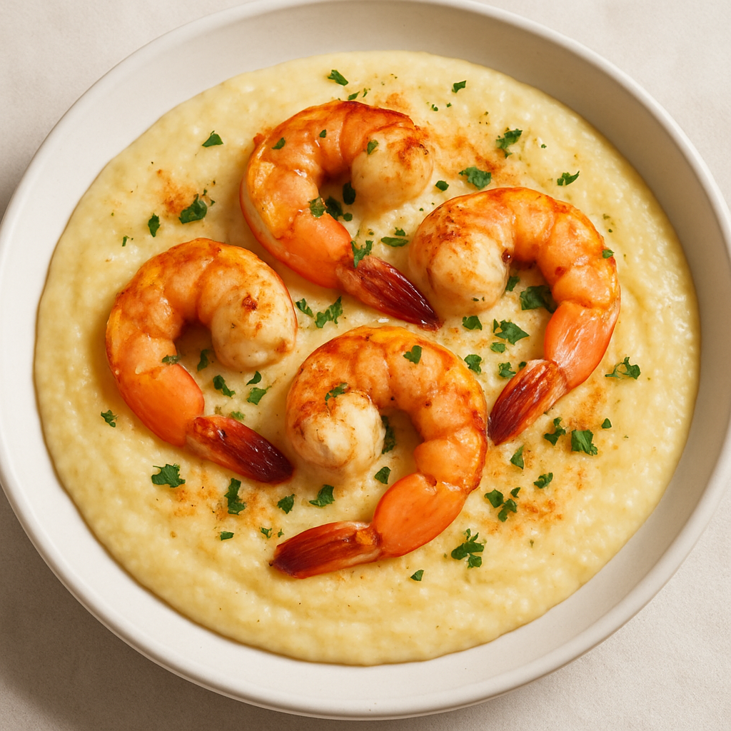 Shrimp and creamy southern grits with herbs