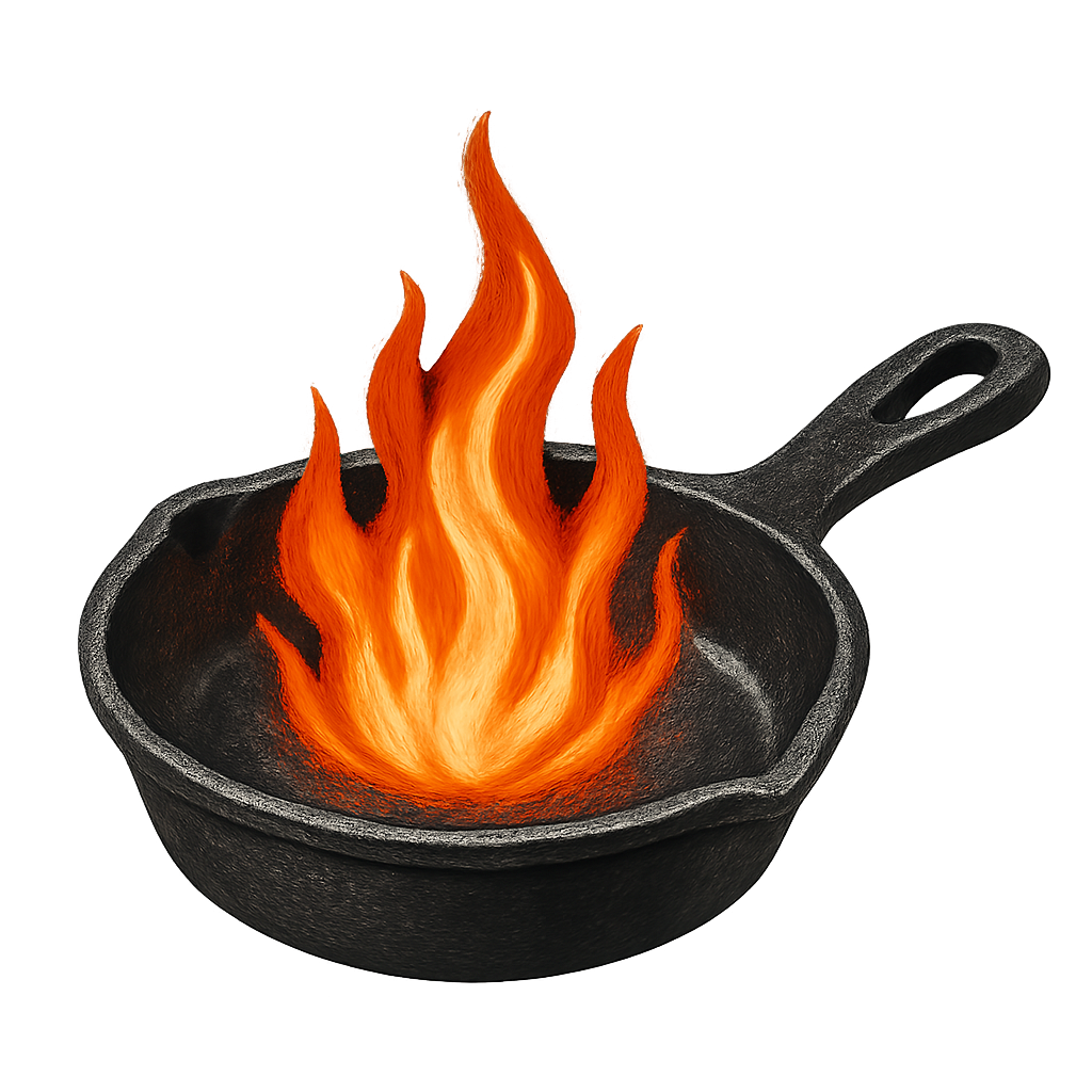 Cast iron skillet with flames icon