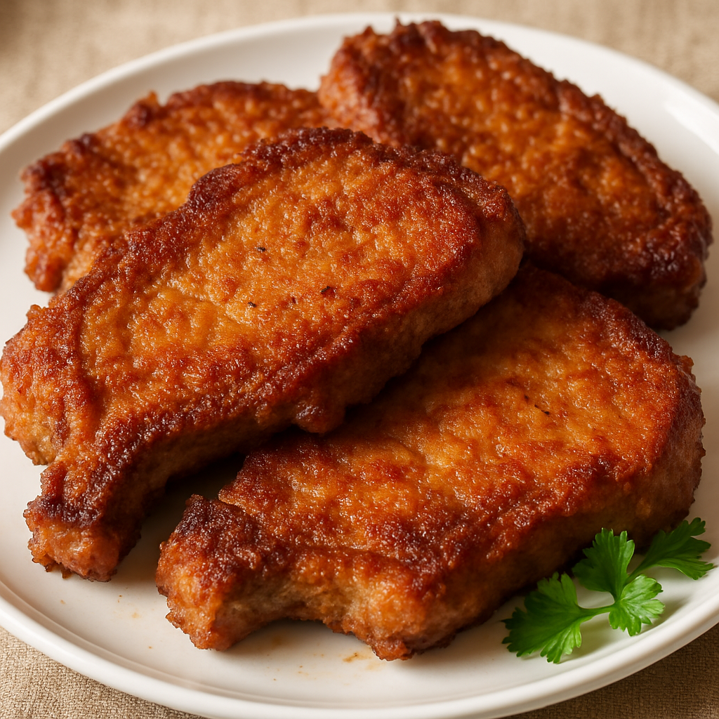 Golden fried pork steaks, realistic, juicy, and appetizing on a white plate