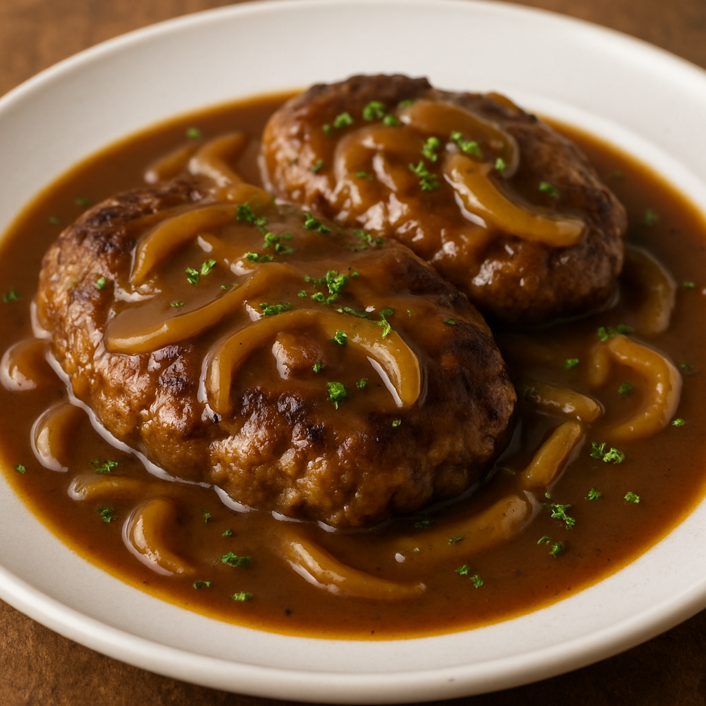 Salisbury steak: realistic juicy beef patties with rich brown onion gravy and herbs
