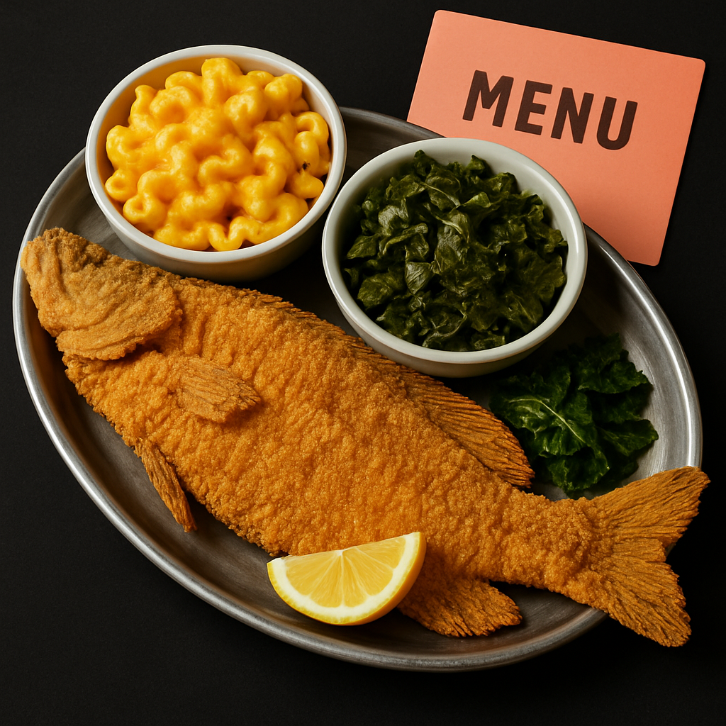 Whole fried catfish platter with two Southern sides
