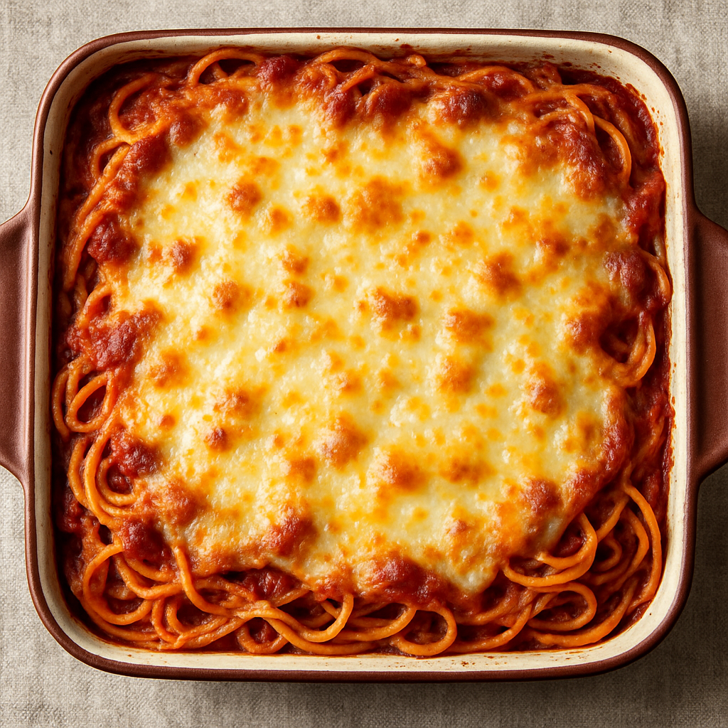 Baked Spaghetti: pasta with tomato sauce and cheese, baked golden