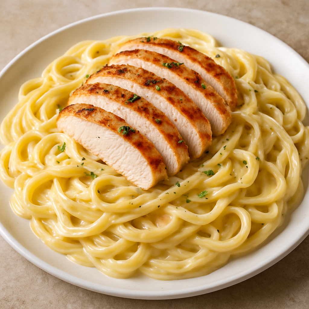 Chicken Alfredo pasta: realistic, creamy fettuccine alfredo with sliced grilled chicken on top