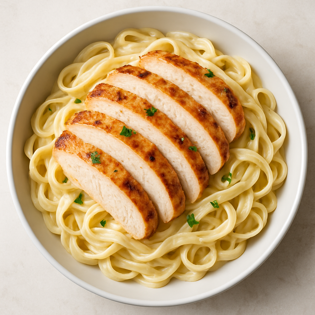 Chicken Alfredo: creamy fettuccine with grilled chicken