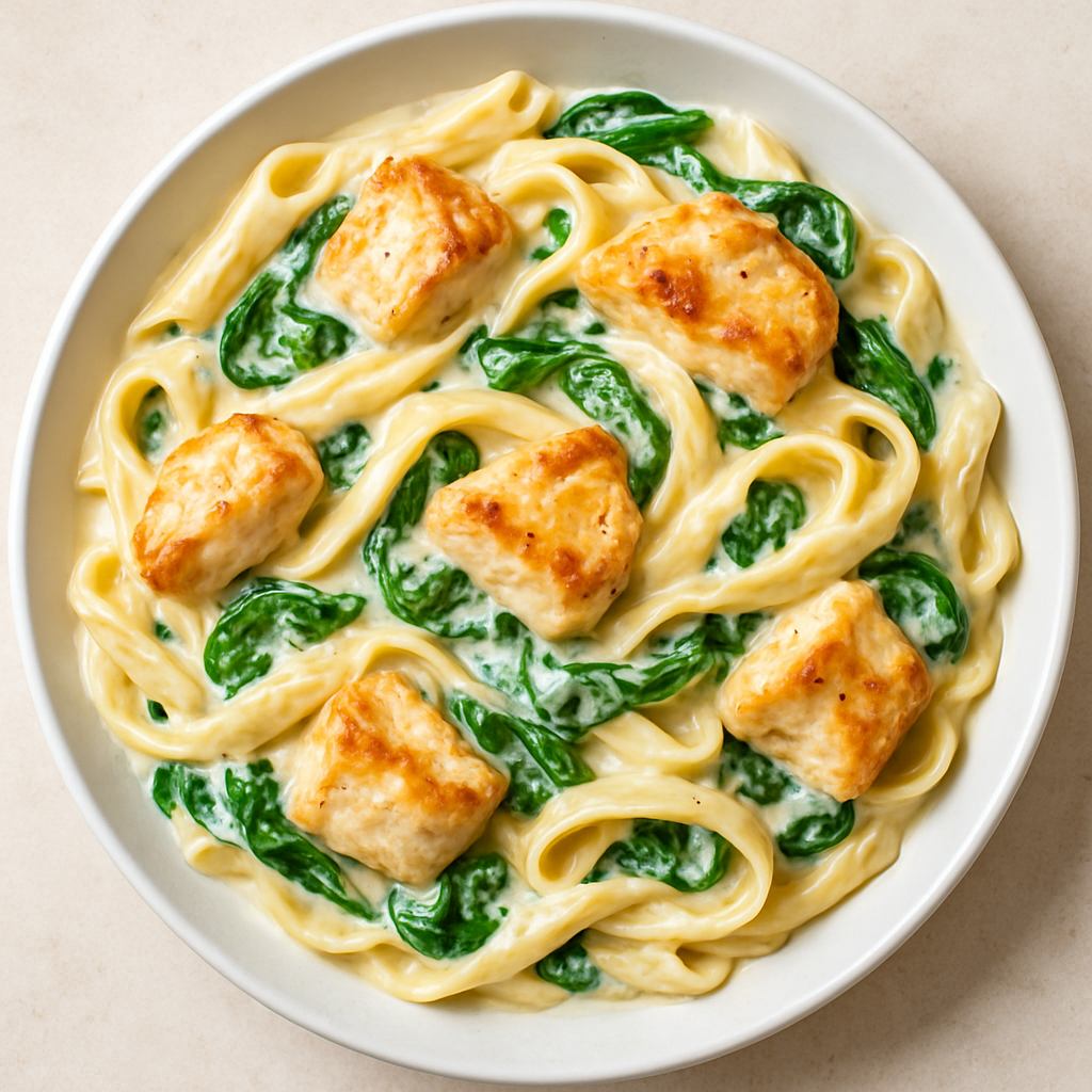 Chicken Florentine: pasta with spinach, chicken, and creamy sauce