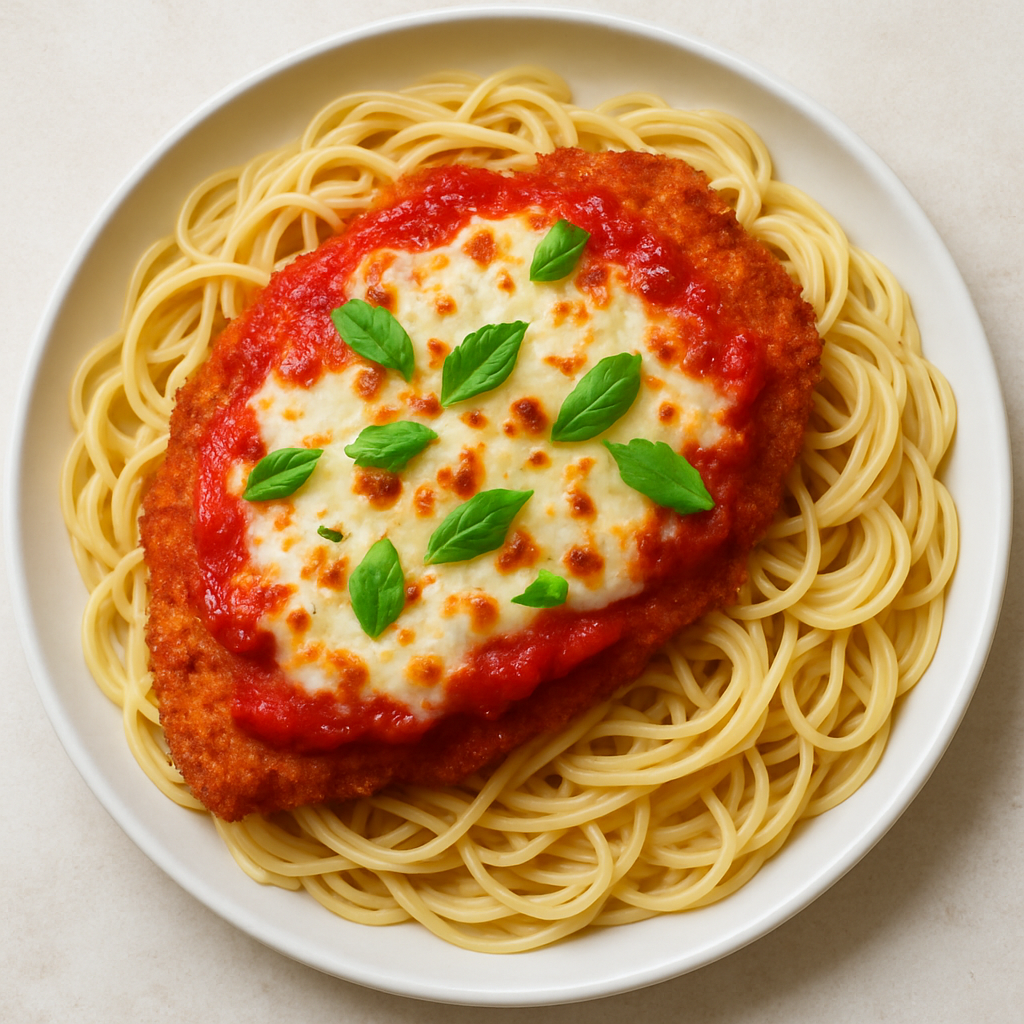 Chicken Parmesan: breaded chicken, marinara, cheese over pasta