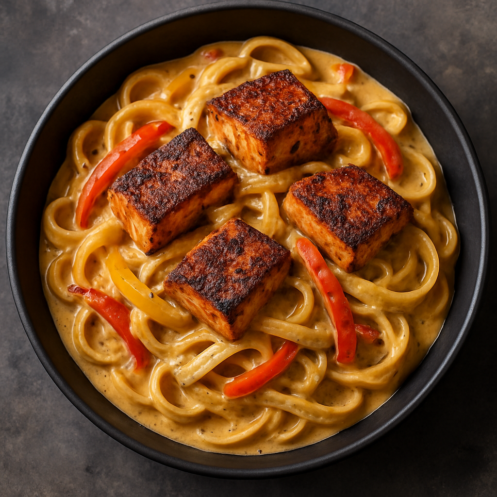 Salmon jerk pasta: creamy pasta with jerk-seasoned salmon pieces