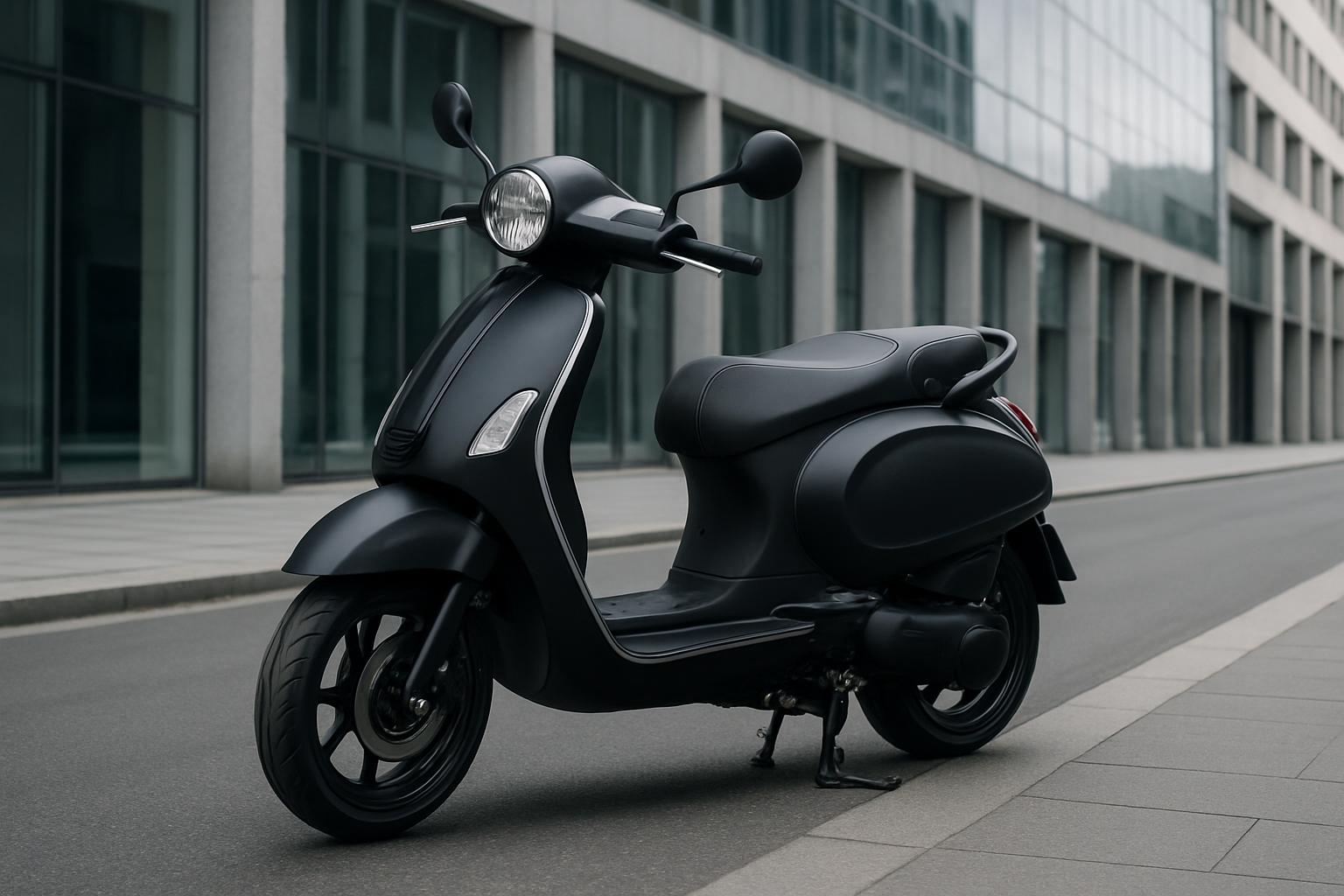 Matte black modern city moped parked on a clean urban street with soft daylight and contemporary buildings