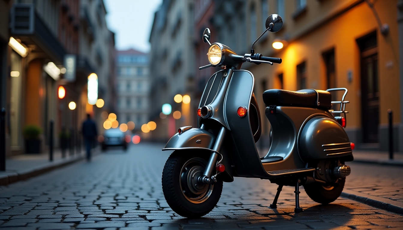 Vintage moped parked on a cobblestone street with a modern city skyline in the background
