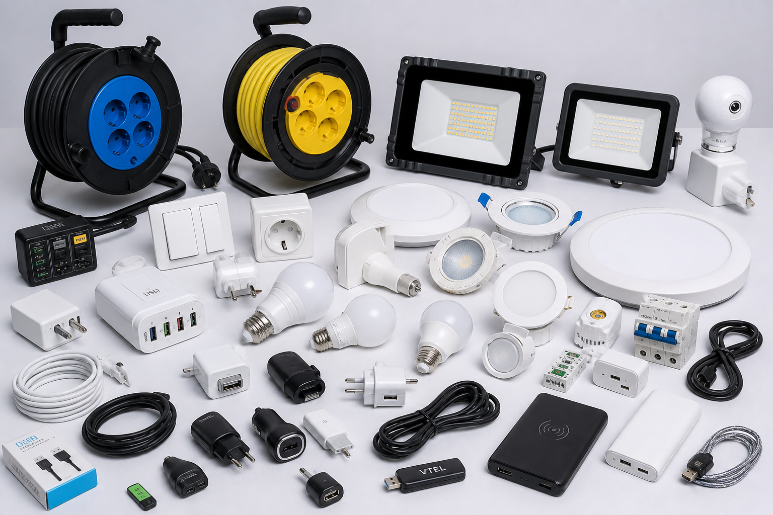 Tabletop assortment of LED bulbs, downlights, cables, and small electronic accessories arranged neatly