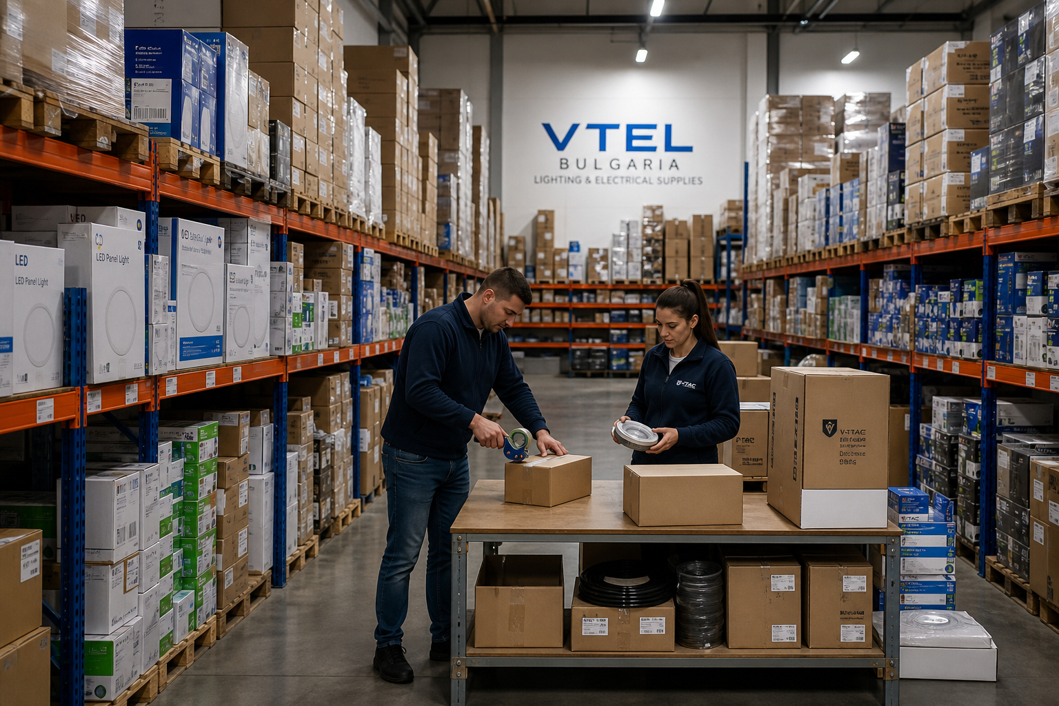 Bright, organized warehouse aisle with stacked cartons, LED lighting cartons, and workers preparing shipments