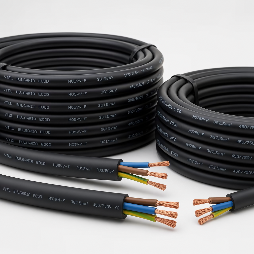 Coiled black electrical cables with labeled insulation and copper ends
