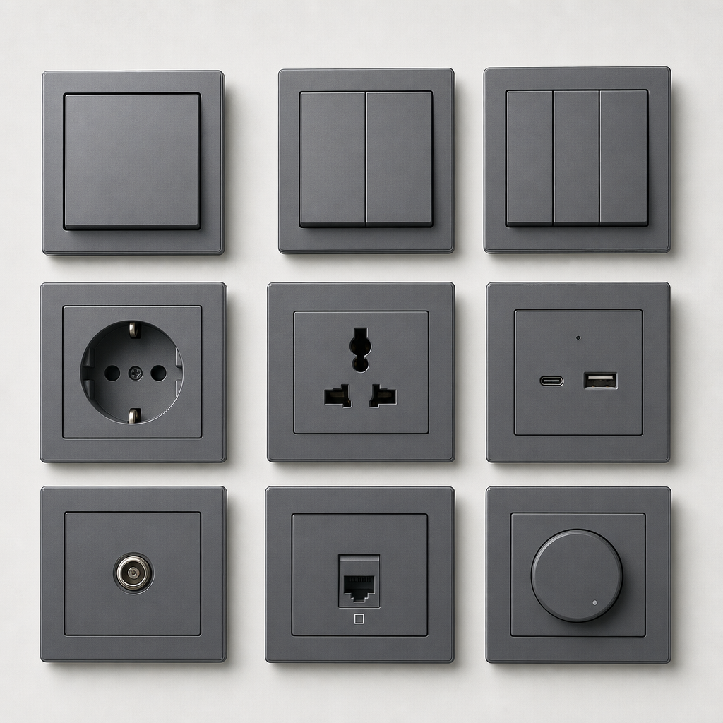 Set of graphite wall switches and sockets with clean rectangular plates