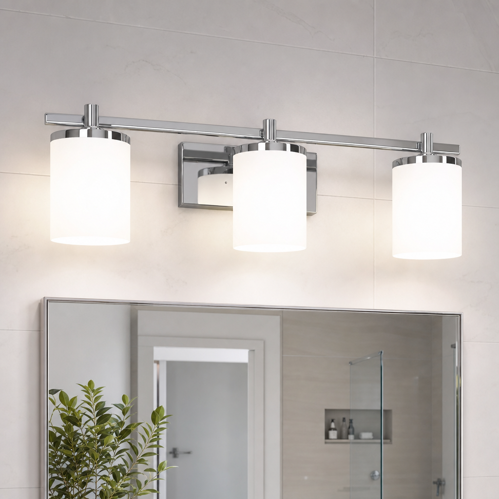 Chrome bathroom vanity light bar with opal diffusers