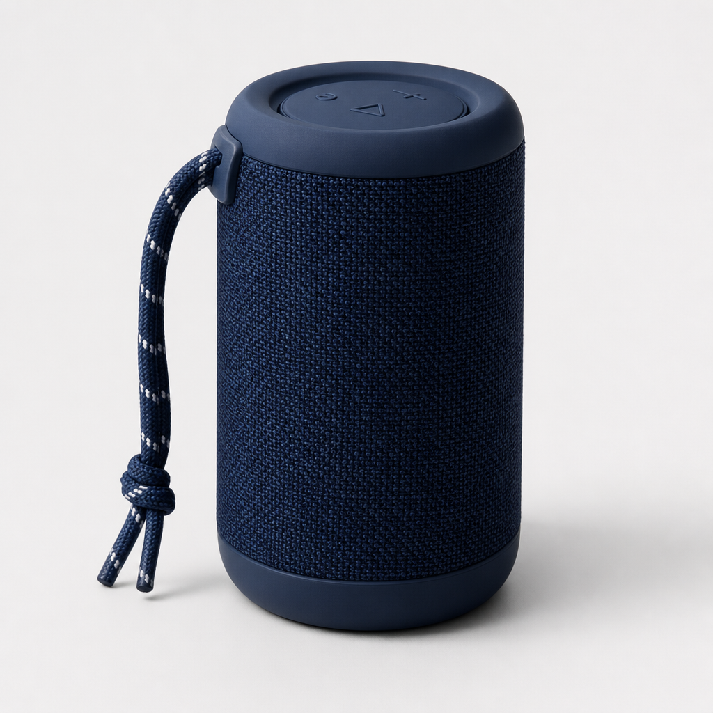 Portable Bluetooth speaker in deep navy fabric with rubber base