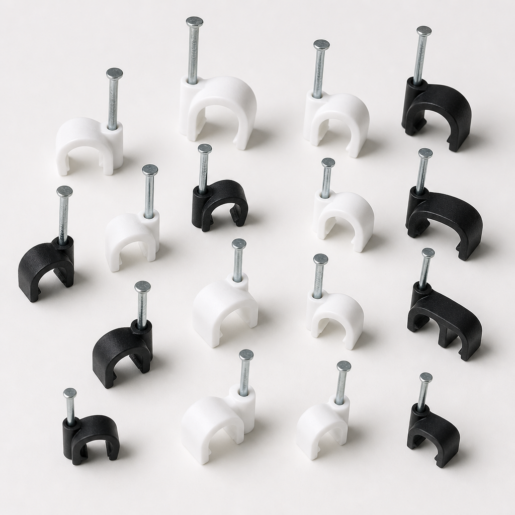 Assorted white and black cable clips with steel nails